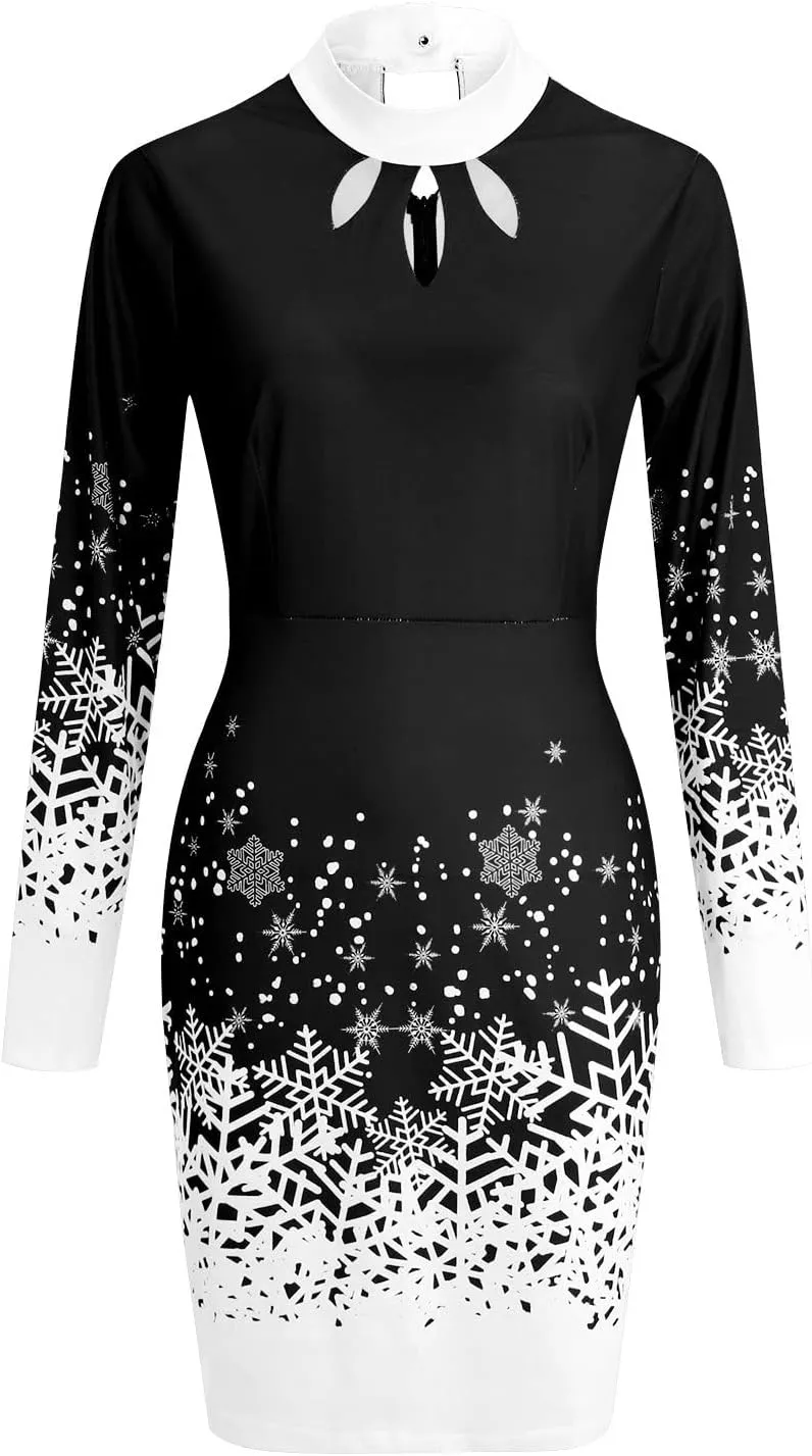 Women's Dresses Christmas Print Long Sleeve Turtleneck Knitted Dress Casual Elegant Sexy Slim Fit Bodycon Jumper Dress