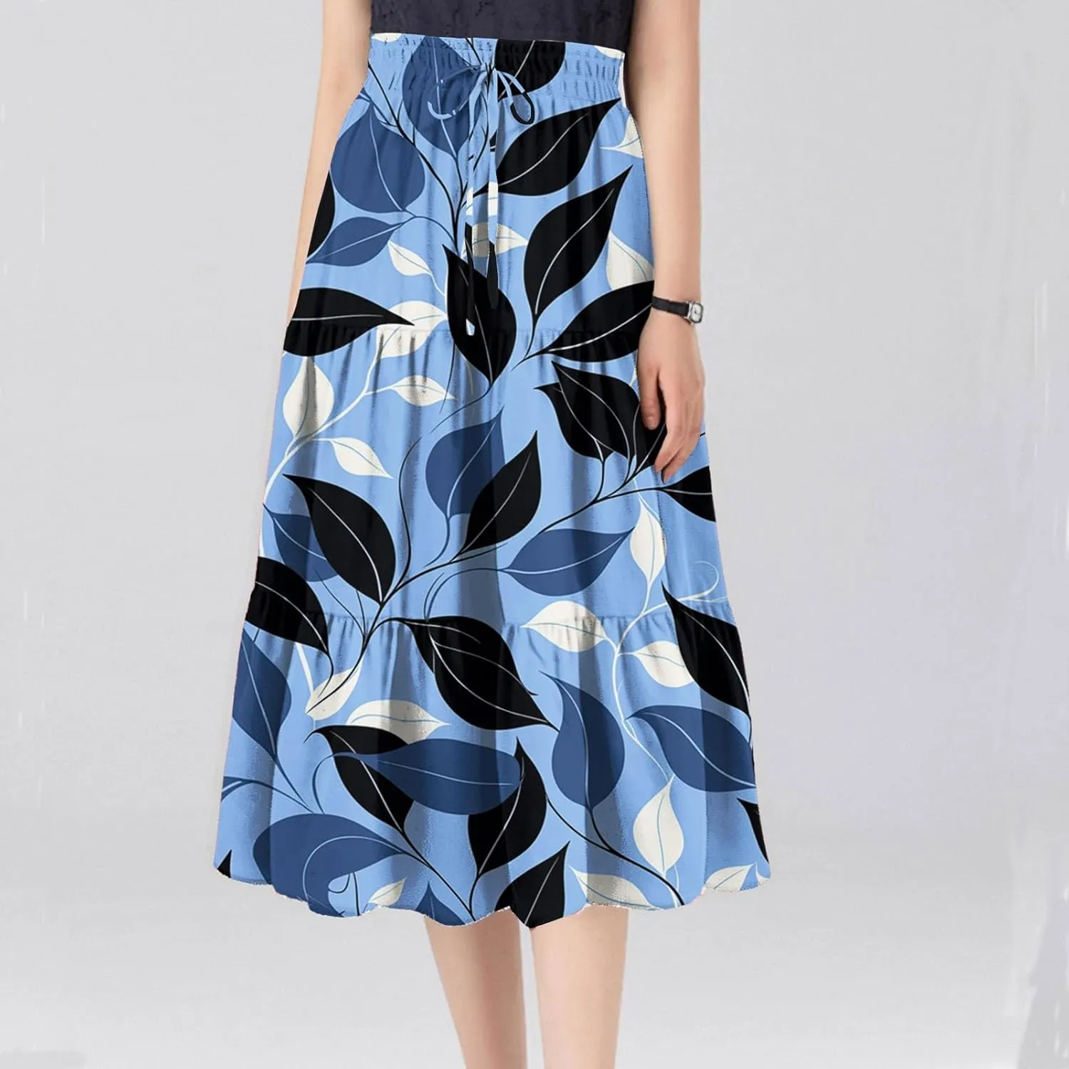 Women's Elastic High Waist Floral Print Tie Knot Pleated Flared Boho A-Line Midi Skirts, S-XL