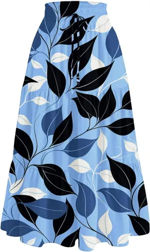 Women's Elastic High Waist Floral Print Tie Knot Pleated Flared Boho A-Line Midi Skirts, S-XL