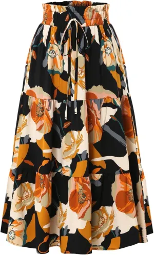 Women's Elastic High Waist Floral Print Tie Knot Pleated Flared Boho A-Line Midi Skirts, S-XL