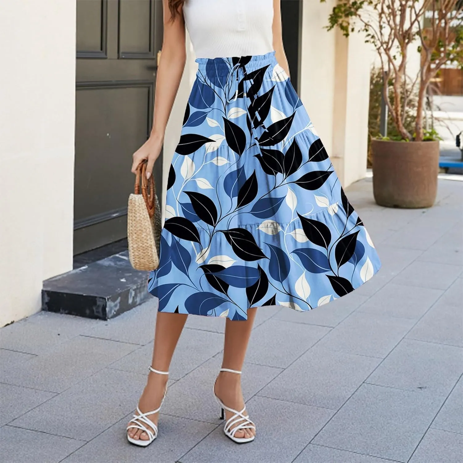 Women's Elastic High Waist Floral Print Tie Knot Pleated Flared Boho A-Line Midi Skirts, S-XL