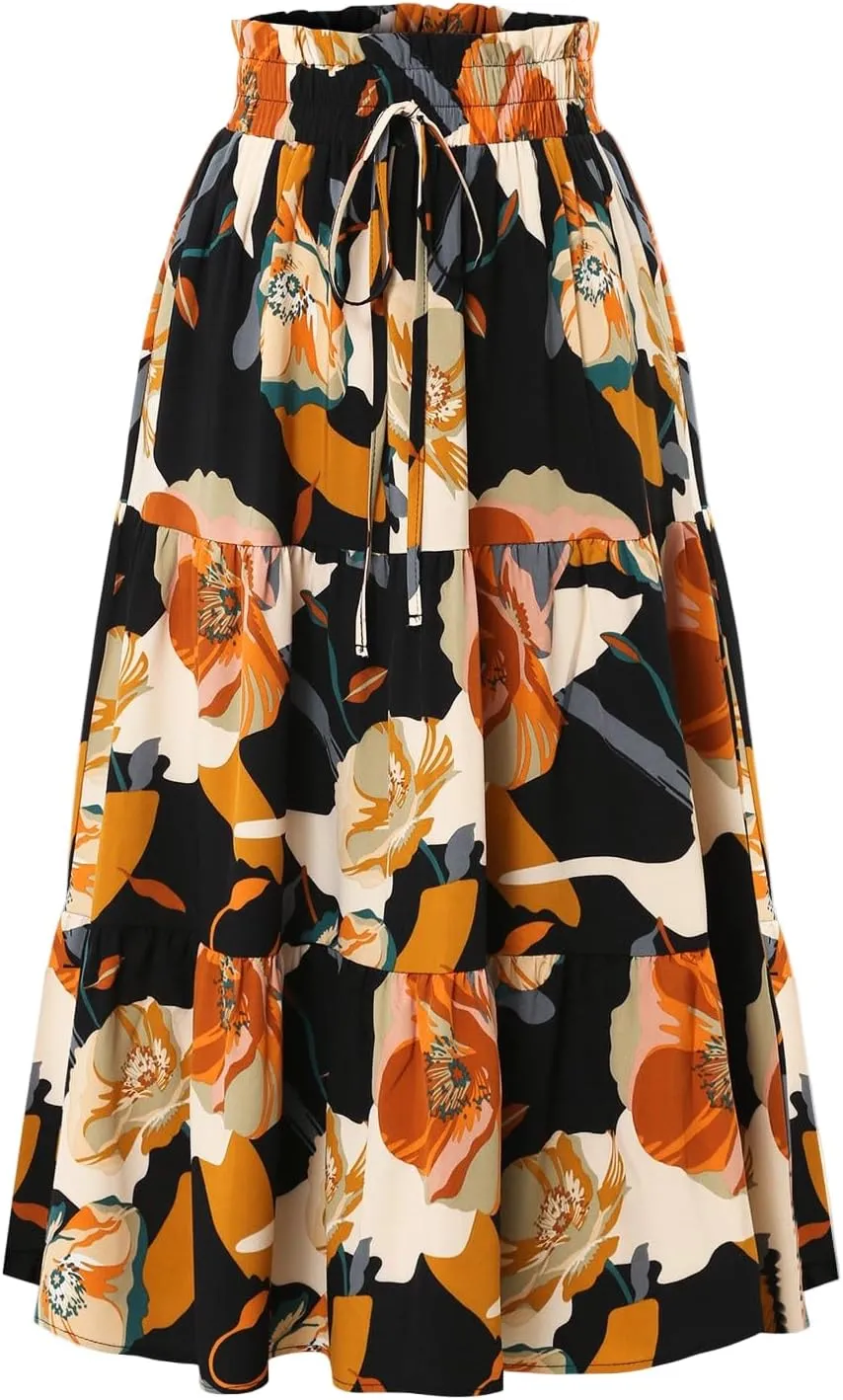 Women's Elastic High Waist Floral Print Tie Knot Pleated Flared Boho A-Line Midi Skirts, S-XL