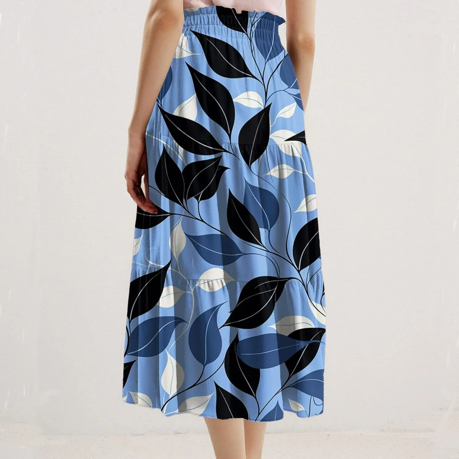 Women's Elastic High Waist Floral Print Tie Knot Pleated Flared Boho A-Line Midi Skirts, S-XL