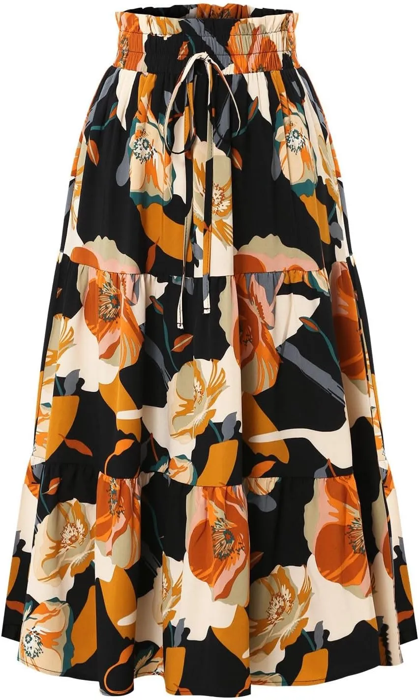 Women's Elastic High Waist Floral Print Tie Knot Pleated Flared Boho A-Line Midi Skirts, S-XL