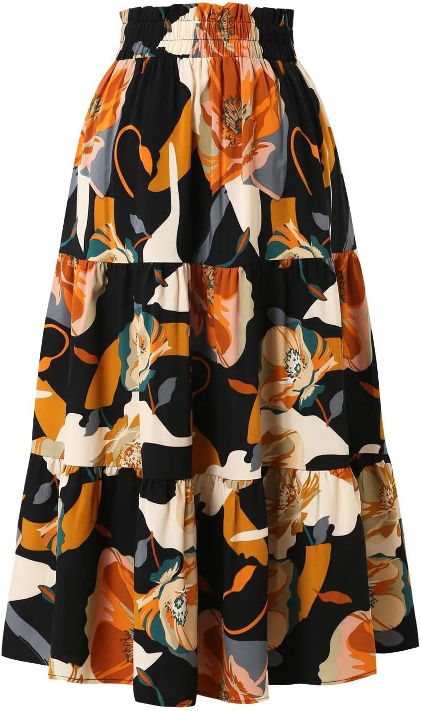 Women's Elastic High Waist Floral Print Tie Knot Pleated Flared Boho A-Line Midi Skirts, S-XL