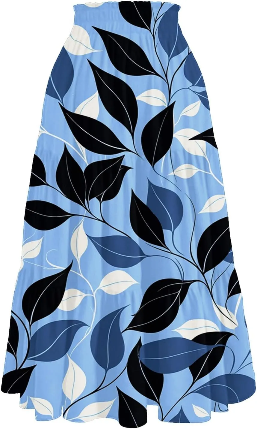 Women's Elastic High Waist Floral Print Tie Knot Pleated Flared Boho A-Line Midi Skirts, S-XL