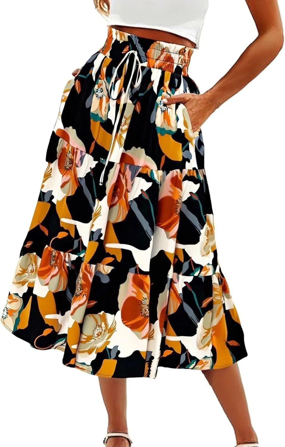 Women's Elastic High Waist Floral Print Tie Knot Pleated Flared Boho A-Line Midi Skirts, S-XL