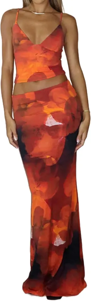 Women's Elegant Floral Print Maxi Skirt Sets Sexy V Neck Cami Crop Top and Long Skirt Set