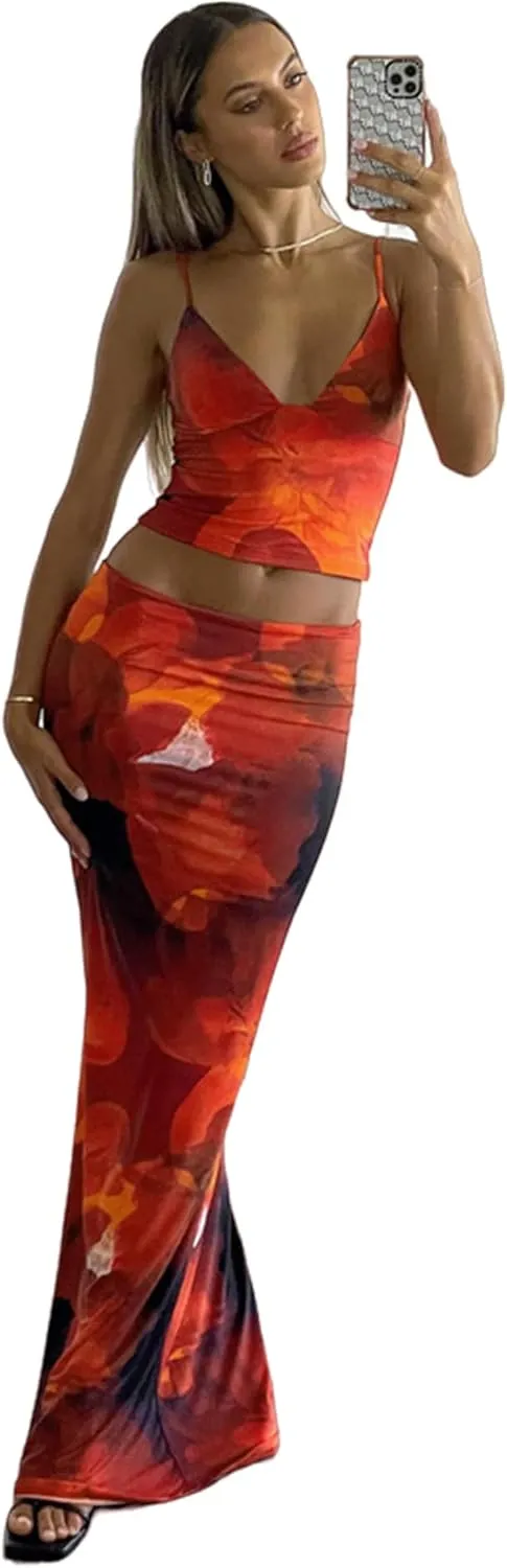 Women's Elegant Floral Print Maxi Skirt Sets Sexy V Neck Cami Crop Top and Long Skirt Set