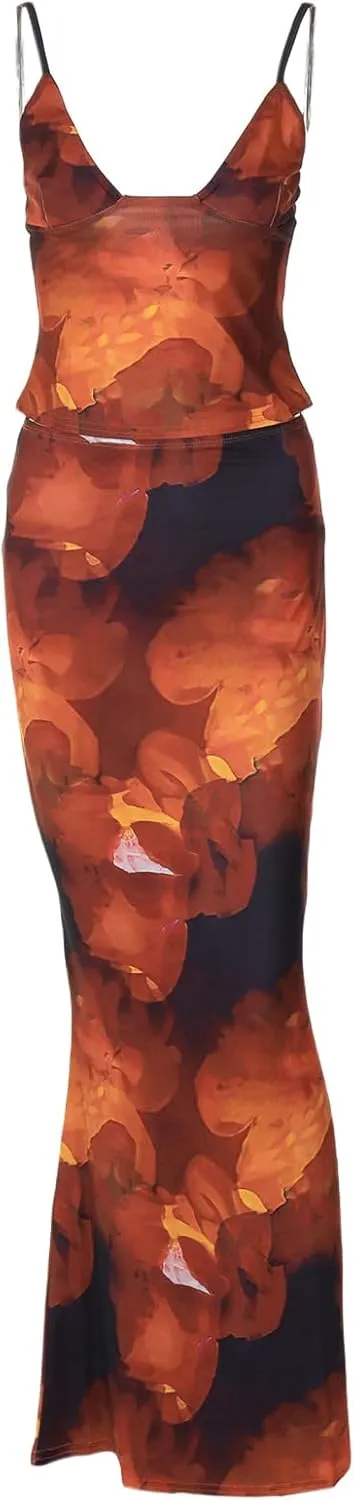 Women's Elegant Floral Print Maxi Skirt Sets Sexy V Neck Cami Crop Top and Long Skirt Set