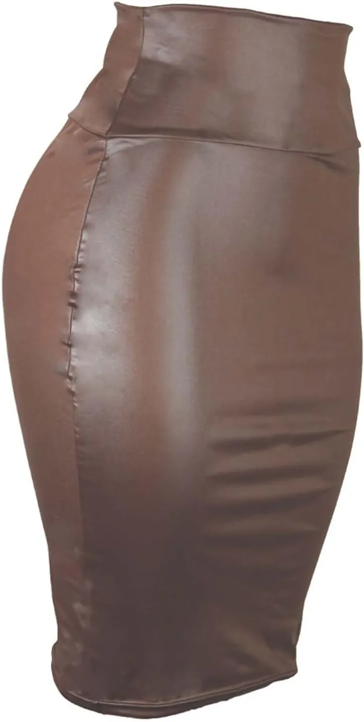 Womens Faux Leather Skirt Trendy High Waisted Pencil Skirts Midi Below Knee Bodycon Skirt Dressy Work Business Skirts