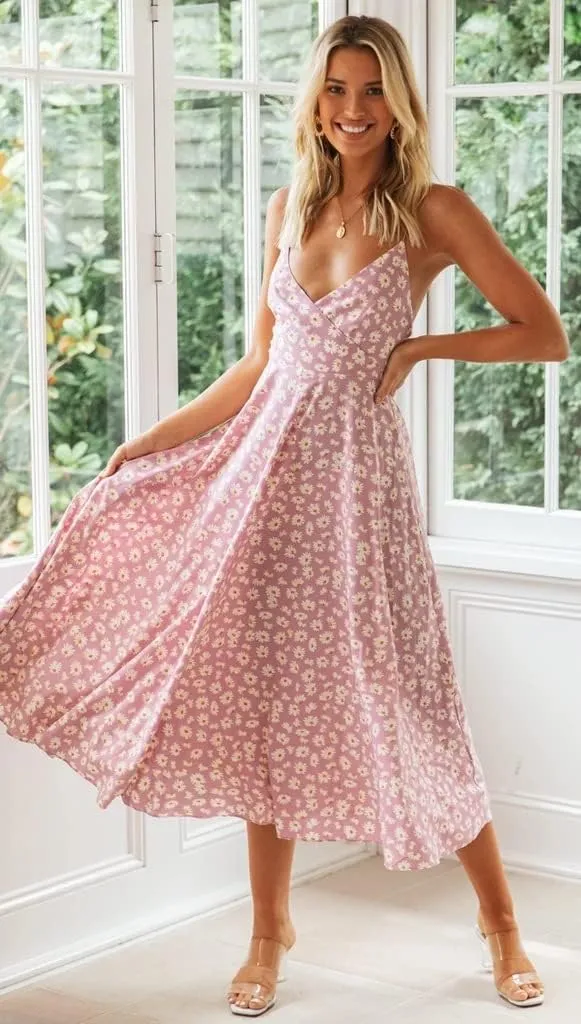 Women's Floral Boho Midi Dress Back Tie Hollow Out Spaghetti Strap Flowy Summer Dress Ruffle Swing Sundress for Beach