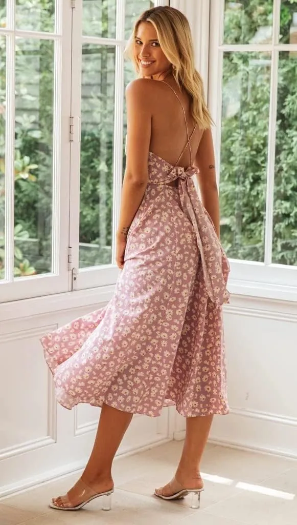 Women's Floral Boho Midi Dress Back Tie Hollow Out Spaghetti Strap Flowy Summer Dress Ruffle Swing Sundress for Beach