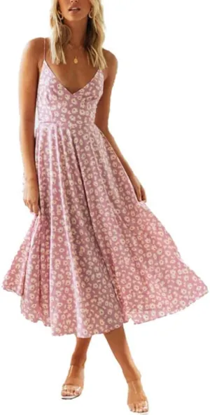 Women's Floral Boho Midi Dress Back Tie Hollow Out Spaghetti Strap Flowy Summer Dress Ruffle Swing Sundress for Beach
