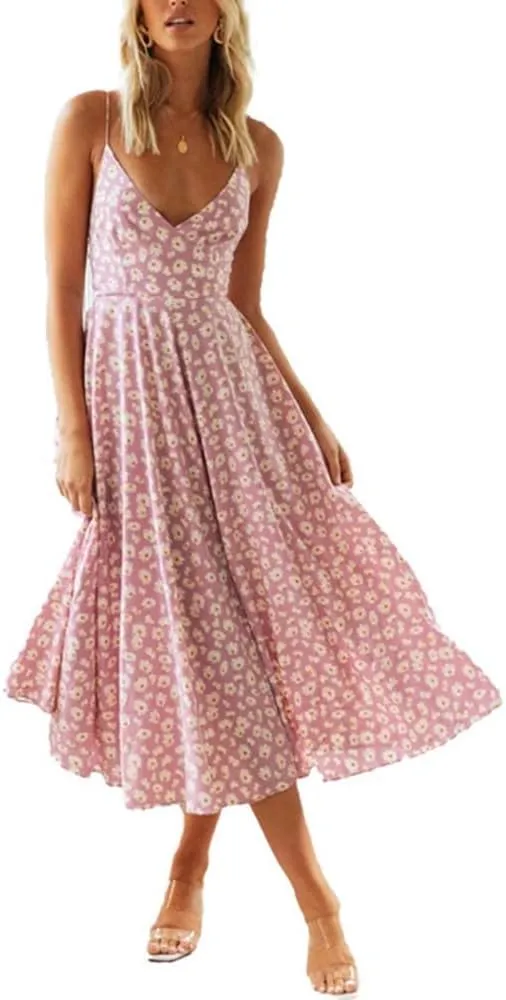 Women's Floral Boho Midi Dress Back Tie Hollow Out Spaghetti Strap Flowy Summer Dress Ruffle Swing Sundress for Beach