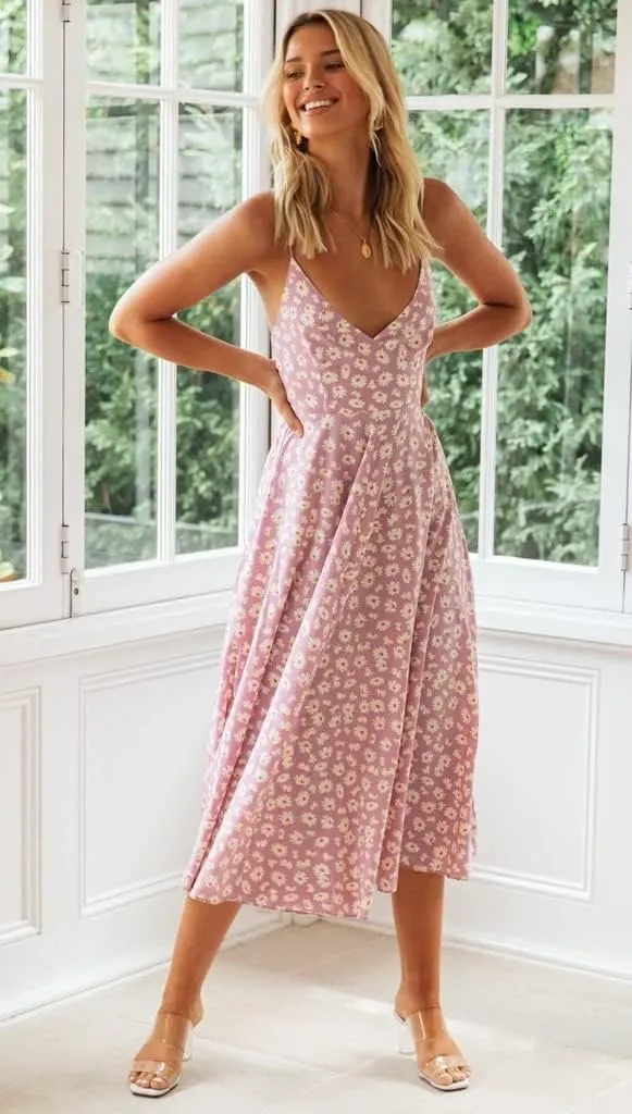 Women's Floral Boho Midi Dress Back Tie Hollow Out Spaghetti Strap Flowy Summer Dress Ruffle Swing Sundress for Beach