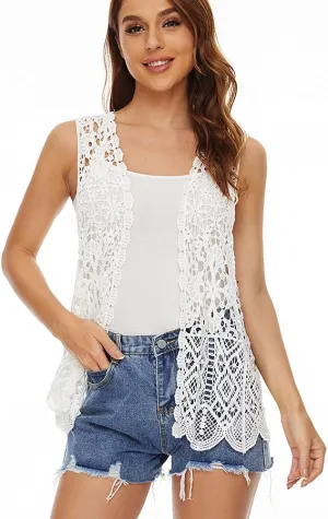 Womens Floral Crochet Lace Boho Trim Sleeveless Open Front Vest Cardigan