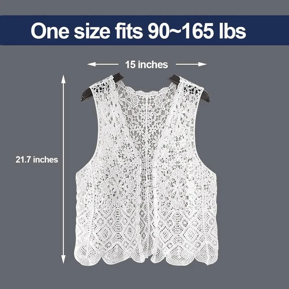 Womens Floral Crochet Lace Boho Trim Sleeveless Open Front Vest Cardigan