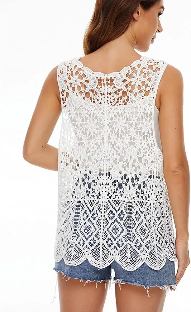 Womens Floral Crochet Lace Boho Trim Sleeveless Open Front Vest Cardigan