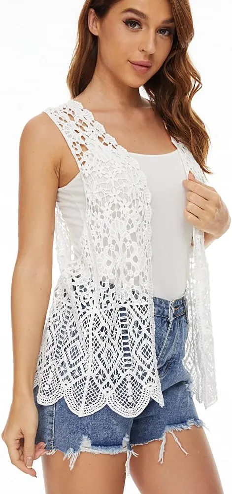 Womens Floral Crochet Lace Boho Trim Sleeveless Open Front Vest Cardigan