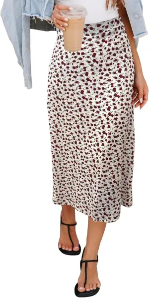 Womens Floral Print Midi Skirt Casual High Elastic Waist Zipper Vintage Long Boho Skirts for Women