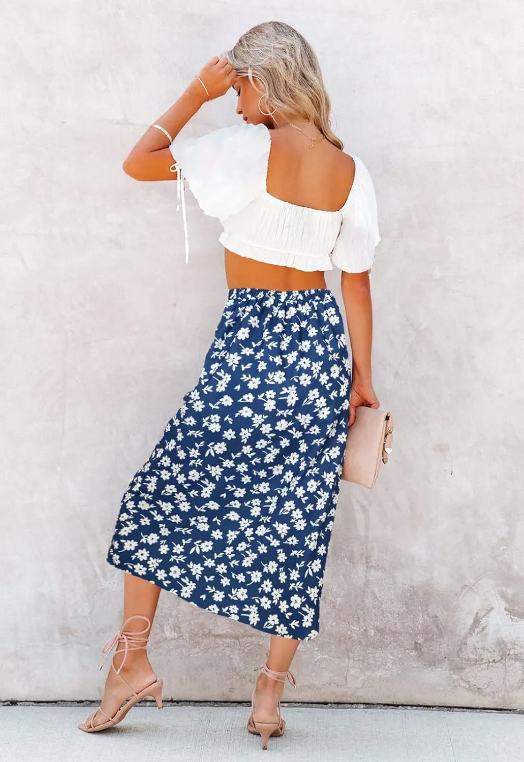 Womens Floral Print Midi Skirt Casual High Elastic Waist Zipper Vintage Long Boho Skirts for Women