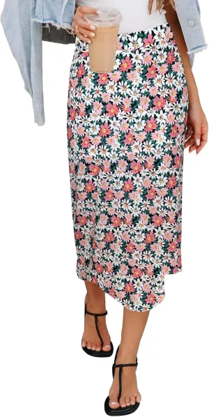Womens Floral Print Midi Skirt Casual High Elastic Waist Zipper Vintage Long Boho Skirts for Women