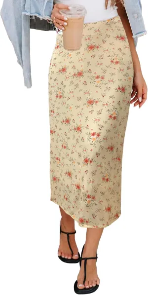 Womens Floral Print Midi Skirt Casual High Elastic Waist Zipper Vintage Long Boho Skirts for Women