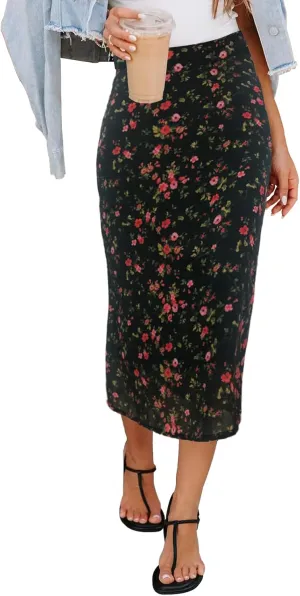 Womens Floral Print Midi Skirt Casual High Elastic Waist Zipper Vintage Long Boho Skirts for Women