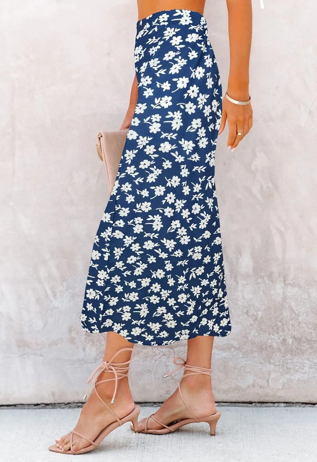 Womens Floral Print Midi Skirt Casual High Elastic Waist Zipper Vintage Long Boho Skirts for Women
