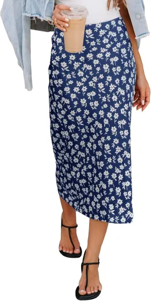 Womens Floral Print Midi Skirt Casual High Elastic Waist Zipper Vintage Long Boho Skirts for Women