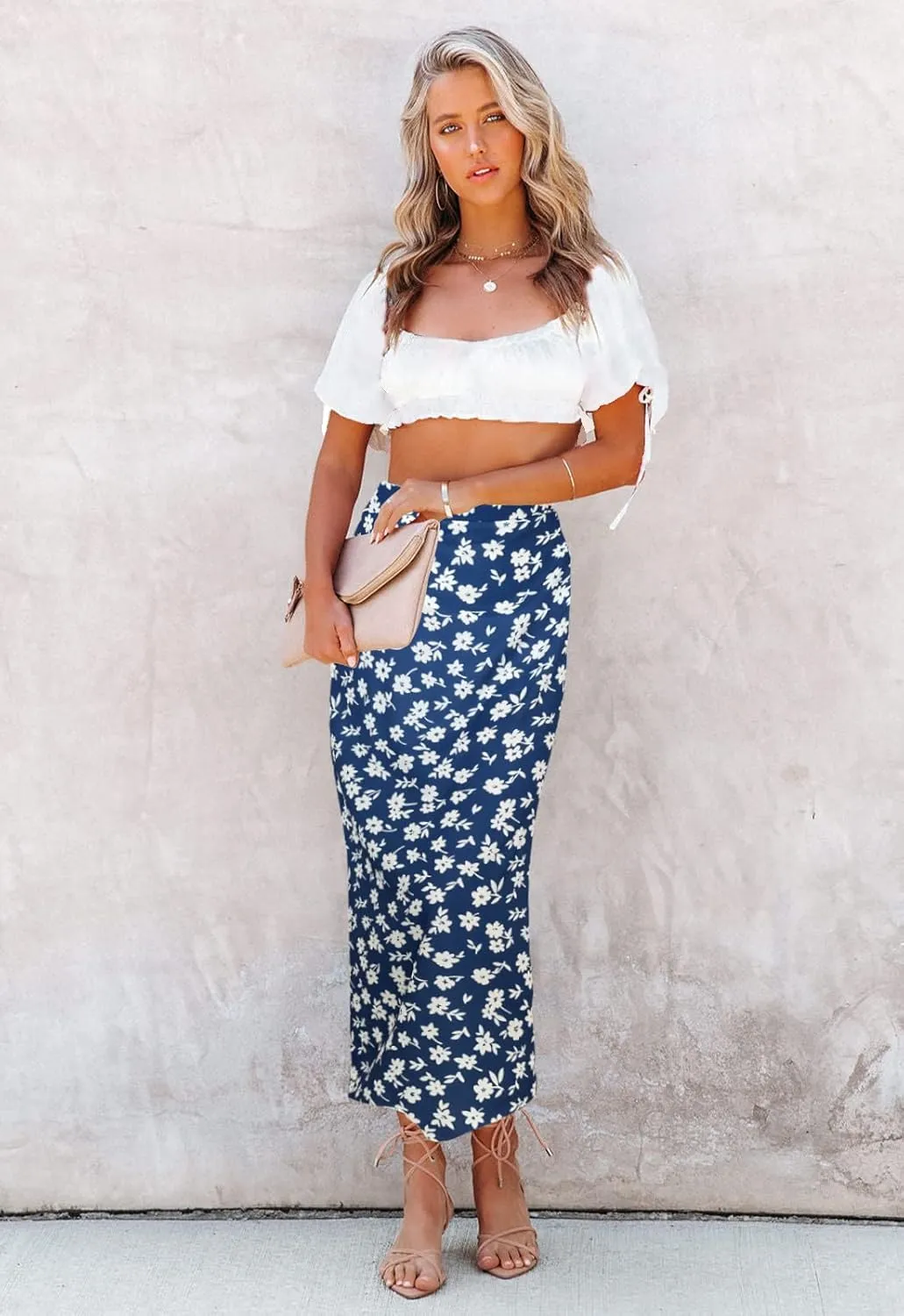 Womens Floral Print Midi Skirt Casual High Elastic Waist Zipper Vintage Long Boho Skirts for Women