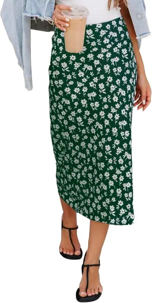 Womens Floral Print Midi Skirt Casual High Elastic Waist Zipper Vintage Long Boho Skirts for Women