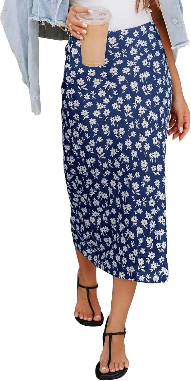 Womens Floral Print Midi Skirt Casual High Elastic Waist Zipper Vintage Long Boho Skirts for Women