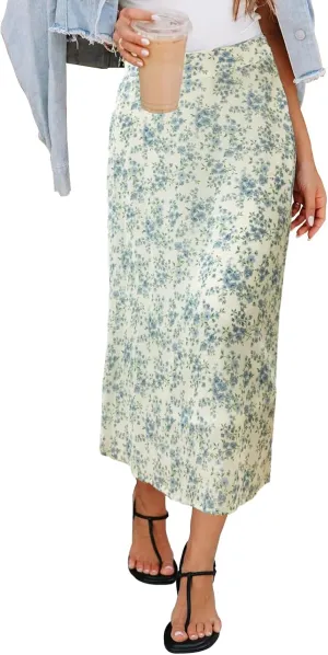 Womens Floral Print Midi Skirt Casual High Elastic Waist Zipper Vintage Long Boho Skirts for Women