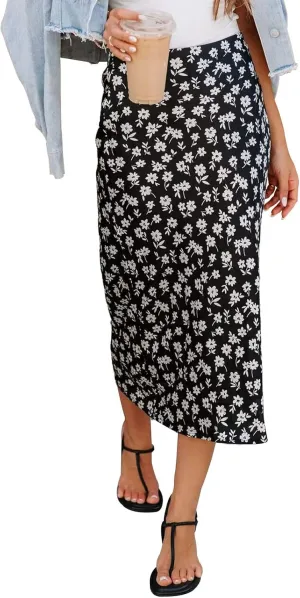 Womens Floral Print Midi Skirt Casual High Elastic Waist Zipper Vintage Long Boho Skirts for Women