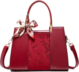 Women's Flower Embroidery Top Handle Crossbody PU Leather Elegant Shoulder Bag Work Satchel Stitching Handbag Pursebag1698OWOISS