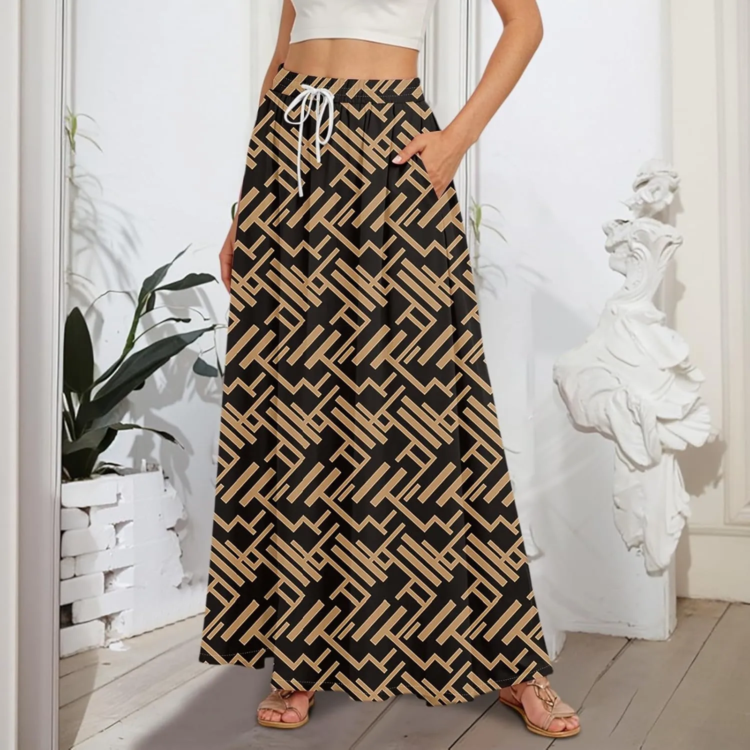 Women's Flowy Maxi Skirt Summer High Waisted Pleated tie Casual Long Skirts with Pockets, S-2XL