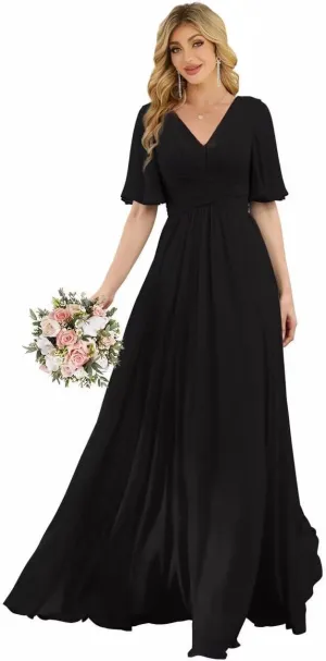 Womens Flutter Sleeve Bridesmaid Dresses Chiffon High Split V Neck Formal Dresses Long with Pockets
