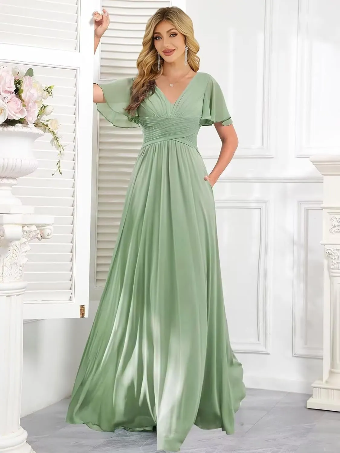 Womens Flutter Sleeve Bridesmaid Dresses Chiffon High Split V Neck Formal Dresses Long with Pockets