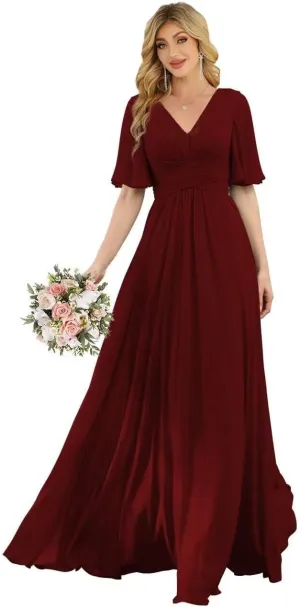 Womens Flutter Sleeve Bridesmaid Dresses Chiffon High Split V Neck Formal Dresses Long with Pockets