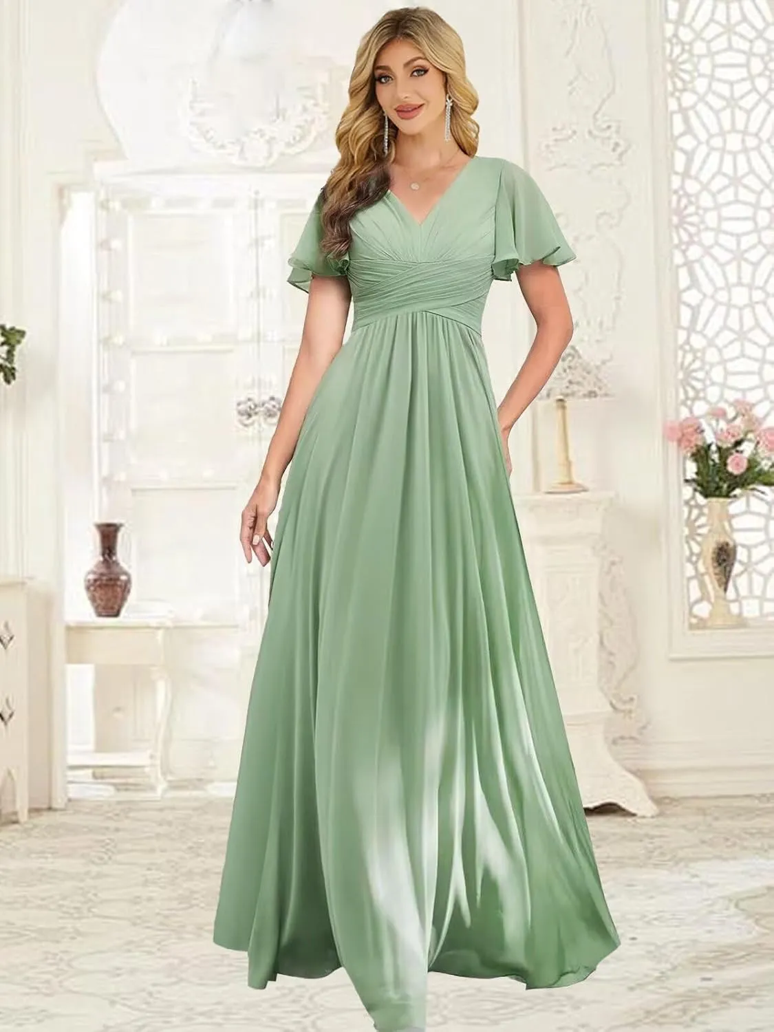 Womens Flutter Sleeve Bridesmaid Dresses Chiffon High Split V Neck Formal Dresses Long with Pockets