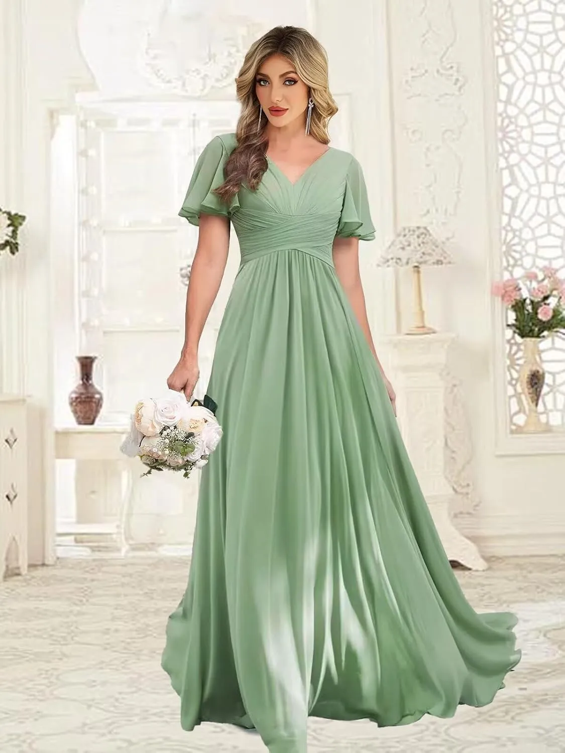 Womens Flutter Sleeve Bridesmaid Dresses Chiffon High Split V Neck Formal Dresses Long with Pockets