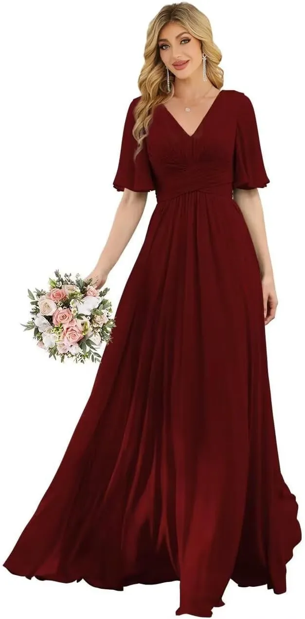 Womens Flutter Sleeve Bridesmaid Dresses Chiffon High Split V Neck Formal Dresses Long with Pockets