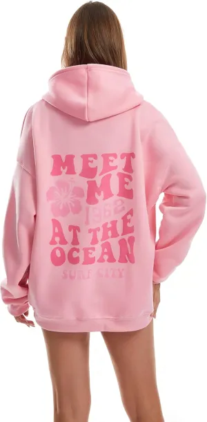Women's Graphic Trendy Hoodie Pink Printing Hoodie Long Sleeve Pullover Beach Sweatshirt