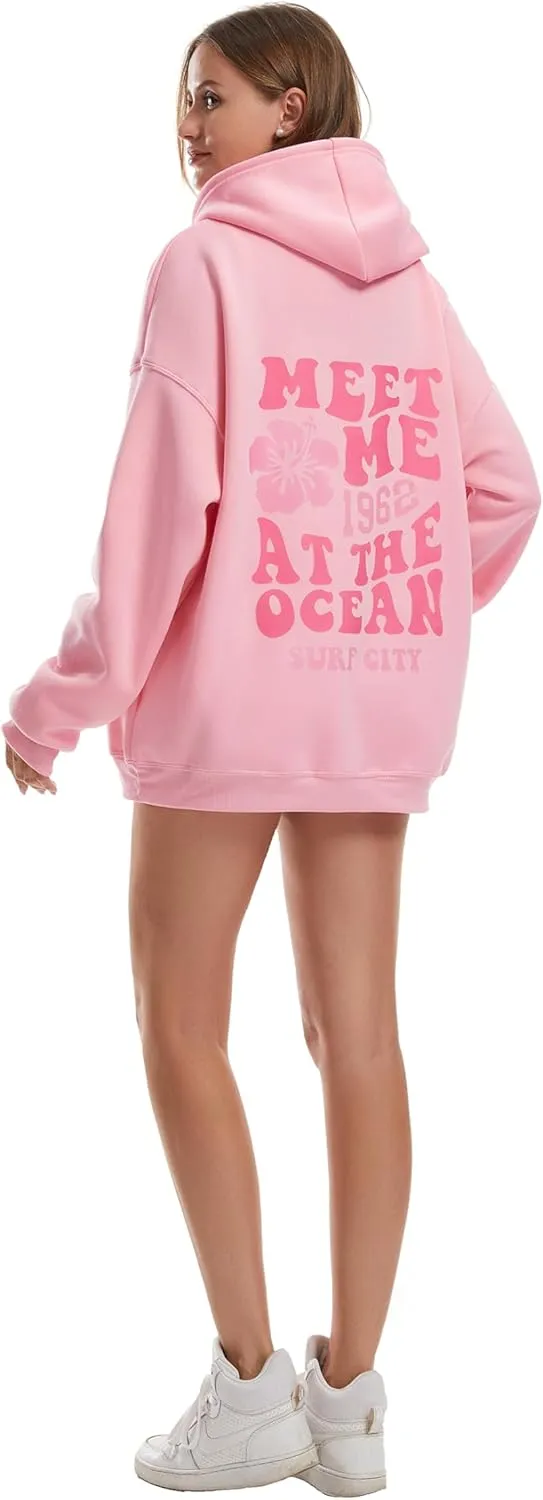 Women's Graphic Trendy Hoodie Pink Printing Hoodie Long Sleeve Pullover Beach Sweatshirt