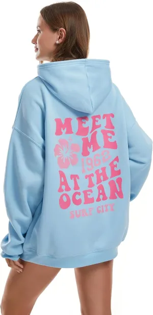 Women's Graphic Trendy Hoodie Pink Printing Hoodie Long Sleeve Pullover Beach Sweatshirt