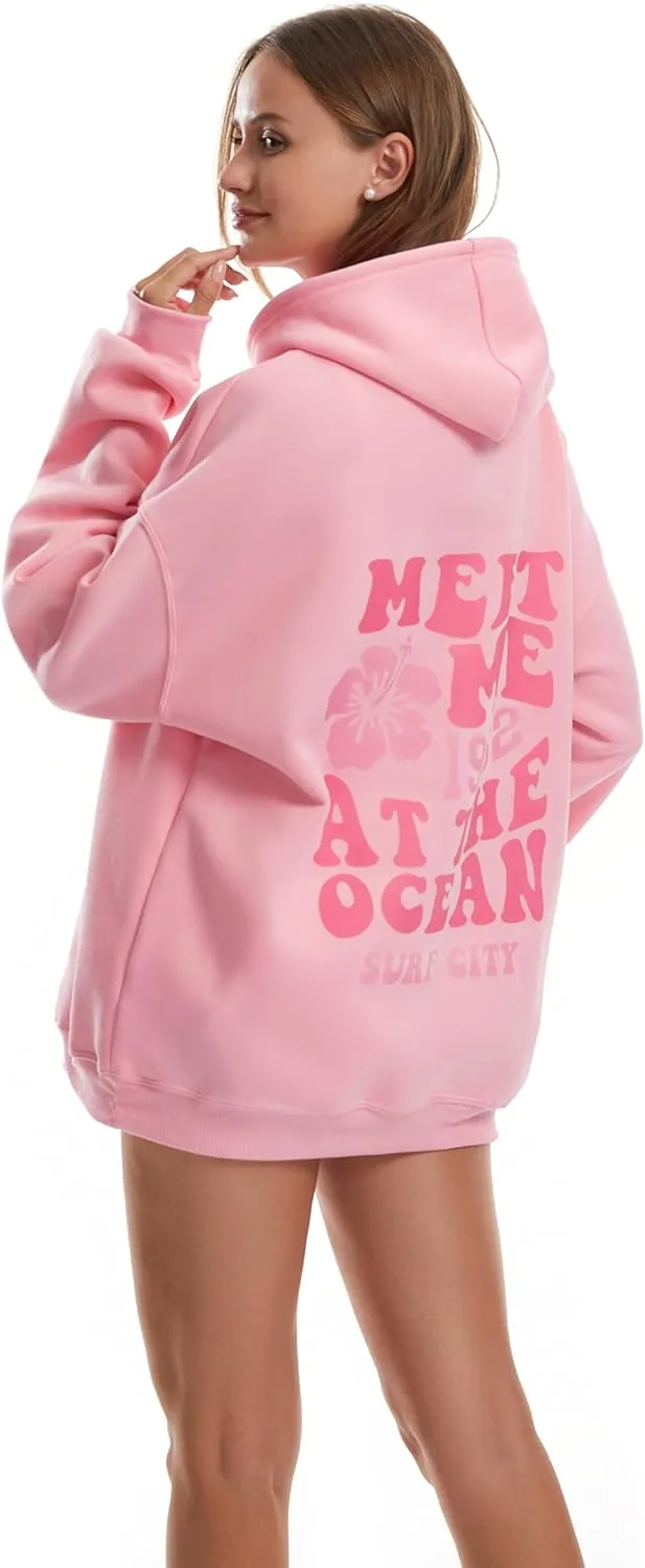 Women's Graphic Trendy Hoodie Pink Printing Hoodie Long Sleeve Pullover Beach Sweatshirt