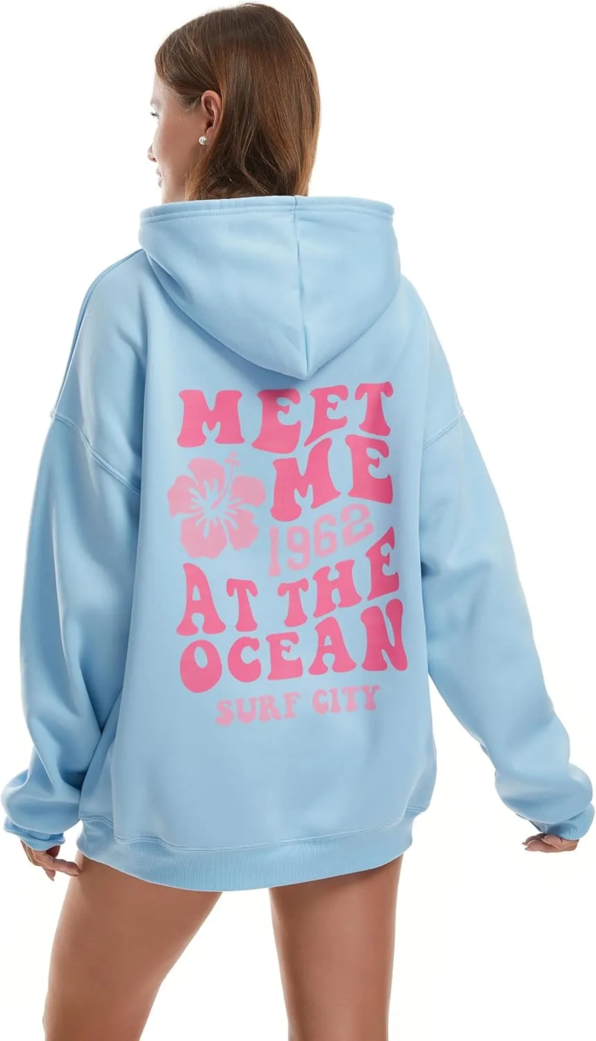 Women's Graphic Trendy Hoodie Pink Printing Hoodie Long Sleeve Pullover Beach Sweatshirt