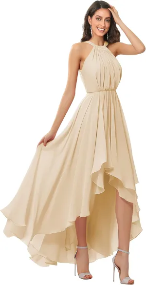 Women's Halter Chiffon Bridesmaid Dresses High Low for Wedding A-Line Pleated Formal Gown with Pockets